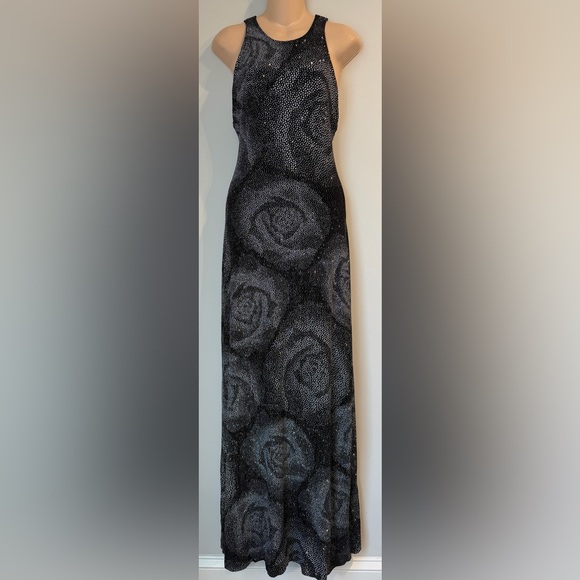Cache Dresses & Skirts - CACHE Vintage Black Floral Sparkle Acetate/Spandex Open Back Slinky Glitter M